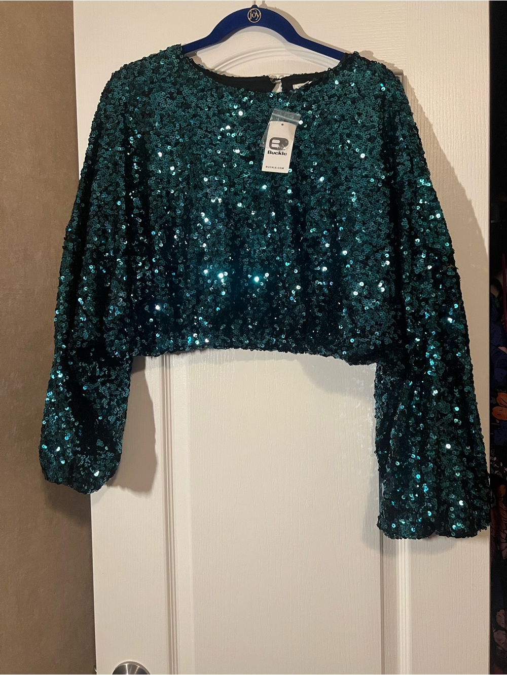 Buckle Teal Sequin Long-Sleeve Crop Top